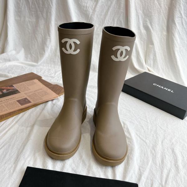 CHANEL 25S Rubber Fashion Pull-On High Boots Women's Dark Beige