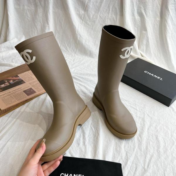 CHANEL 25S Rubber Fashion Pull-On High Boots Women's Dark Beige