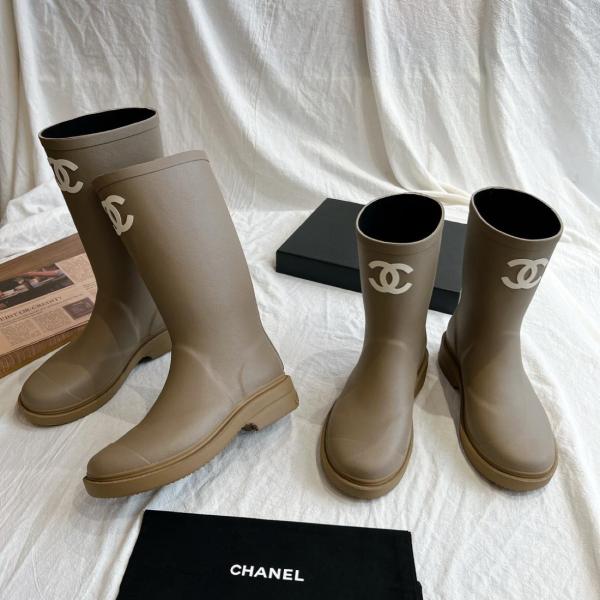 CHANEL 25S Rubber Fashion Pull-On High Boots Women's Dark Beige