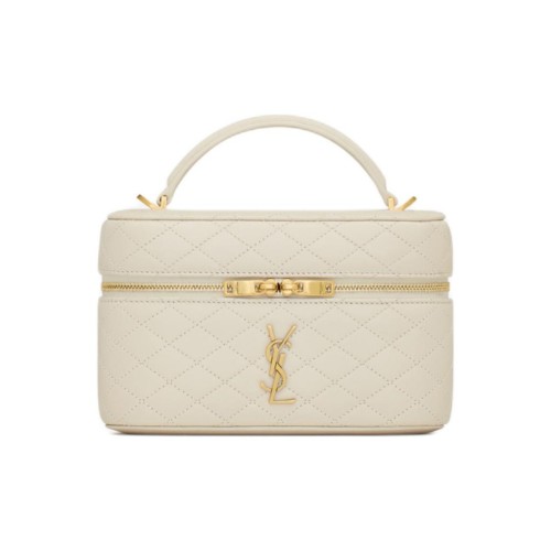 SAINT LAURENT GABY Bronze Hardware Zipper Closure Lambskin Cosmetic Bag Handbag Shoulder Bag Women's Vintage White 766731-1EL07-9207 size 18*6.5*11cm 