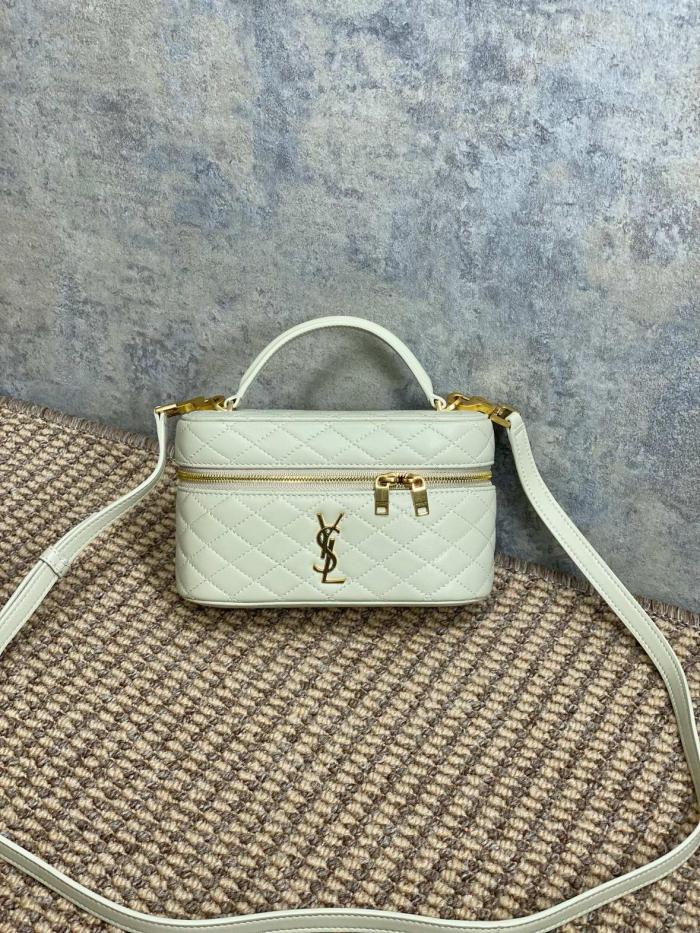SAINT LAURENT GABY Bronze Hardware Zipper Closure Lambskin Cosmetic Bag Handbag Shoulder Bag Women's Vintage White 766731-1EL07-9207 size 18*6.5*11cm 