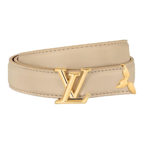 LOUIS VUITTON Floral Design Smooth Buckle Leather Canvas Hardware Belt Women's Beige 2CM Width