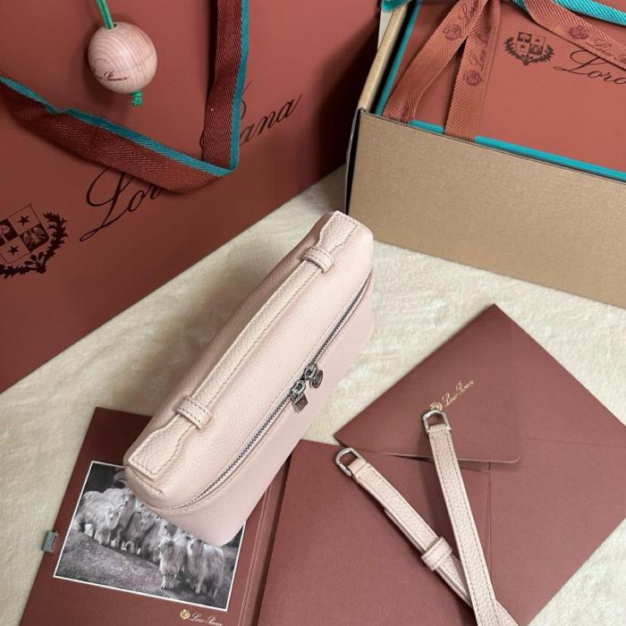 Loro Piana ExtraPocket L19 Logo Silver Buckle Double Zipper Closure Leather Cosmetic Bag Small Square Bag Handbag Shoulder Bag Regular Women's Pink/Rough Flower Pot Pottery FAI8393-30AT size 19*6.5*11cm 
