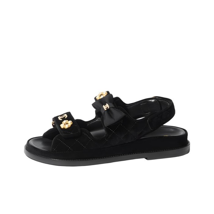 CHANEL Suede Rhinestone Pearl Embellished Beach Sandals Women's Black