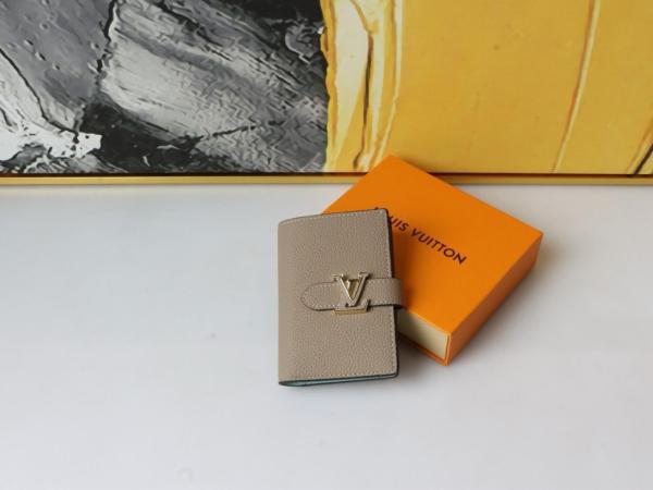 LOUIS VUITTON VERTICAL Logo Snap Closure Taurillon Leather Wallet Womens Grey/Blue M82198 size 9*1*12 cm