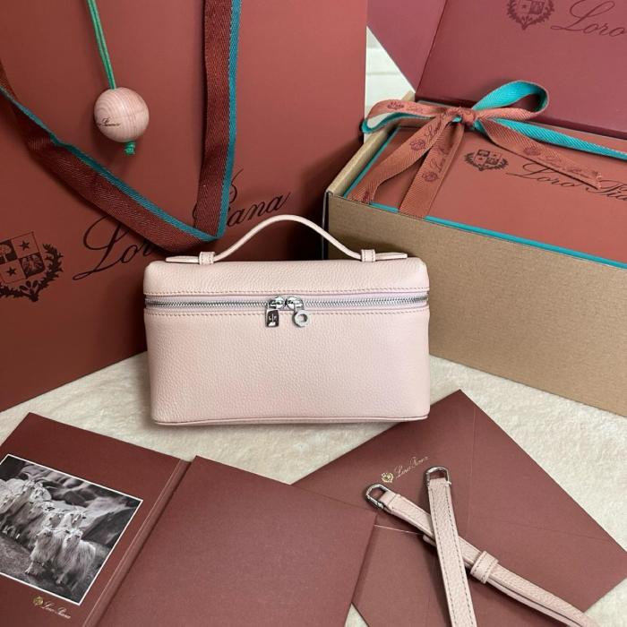 Loro Piana ExtraPocket L19 Logo Silver Buckle Double Zipper Closure Leather Cosmetic Bag Small Square Bag Handbag Shoulder Bag Regular Women's Pink/Rough Flower Pot Pottery FAI8393-30AT size 19*6.5*11cm 