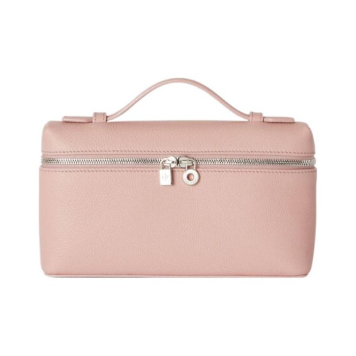 Loro Piana ExtraPocket L19 Logo Silver Buckle Double Zipper Closure Leather Cosmetic Bag Small Square Bag Handbag Shoulder Bag Regular Women's Pink/Rough Flower Pot Pottery FAI8393-30AT size 19*6.5*11cm 