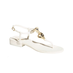 CHANEL leather rhinestone imitation pearl embellished one-strap sandals for women white