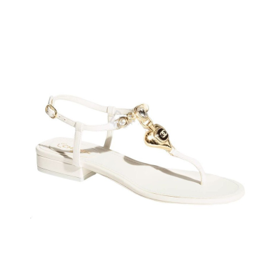 CHANEL leather rhinestone imitation pearl embellished one-strap sandals for women white