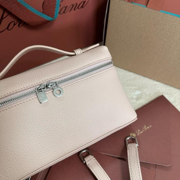 Loro Piana ExtraPocket L19 Logo Silver Buckle Double Zipper Closure Leather Cosmetic Bag Small Square Bag Handbag Shoulder Bag Regular Women's Pink/Rough Flower Pot Pottery FAI8393-30AT size 19*6.5*11cm 