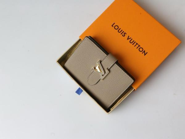 LOUIS VUITTON VERTICAL Logo Snap Closure Taurillon Leather Wallet Womens Grey/Blue M82198 size 9*1*12 cm