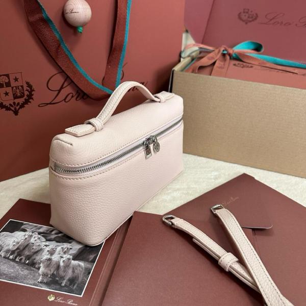 Loro Piana ExtraPocket L19 Logo Silver Buckle Double Zipper Closure Leather Cosmetic Bag Small Square Bag Handbag Shoulder Bag Regular Women's Pink/Rough Flower Pot Pottery FAI8393-30AT size 19*6.5*11cm 