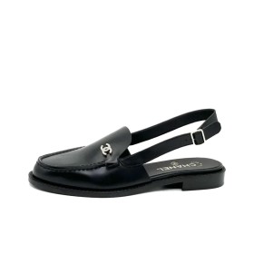 CHANEL 25P Leather Round Toe Buckle Casual Shoes Women's Black