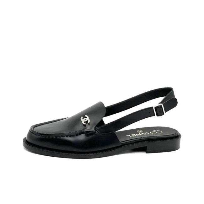 CHANEL 25P Leather Round Toe Buckle Casual Shoes Women's Black