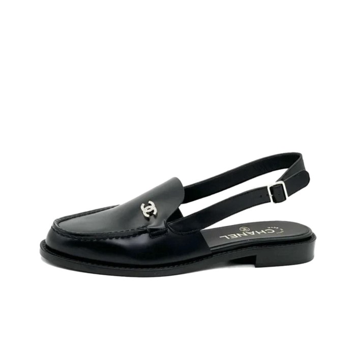 CHANEL 25P Leather Round Toe Buckle Casual Shoes Women's Black