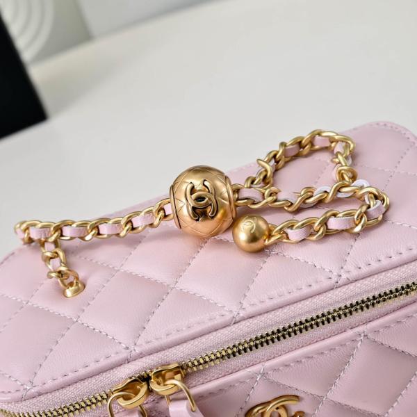 CHANEL 25P Double C LOGO Diamond Pattern Leather Chain Sheepskin Handbag Cosmetic Bag Women's Light Pink AP1472-Y60767-NAGEO size 17*8*9.5cm 
