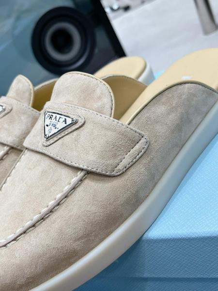 Prada Bag Enamel Metal Triangle Logo Non-slip Closed Toe Slippers Sand Beige