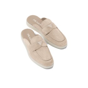 Prada Bag Enamel Metal Triangle Logo Non-slip Closed Toe Slippers Sand Beige
