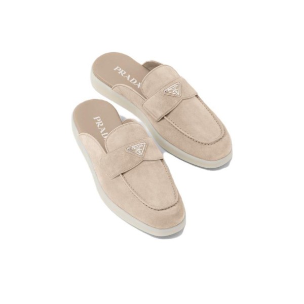 Prada Bag Enamel Metal Triangle Logo Non-slip Closed Toe Slippers Sand Beige
