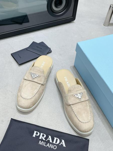 Prada Bag Enamel Metal Triangle Logo Non-slip Closed Toe Slippers Sand Beige