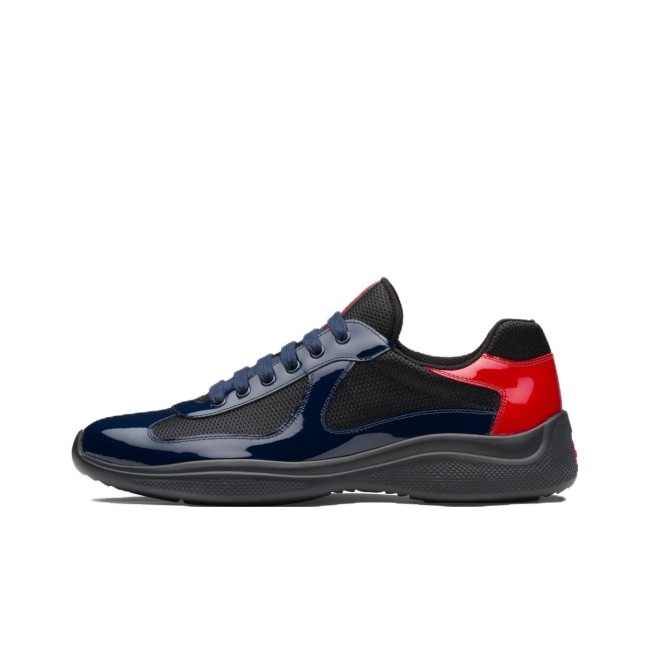 Prada America's Cup Patent leather round toe lace-up low-top lifestyle shoes for men navy blue