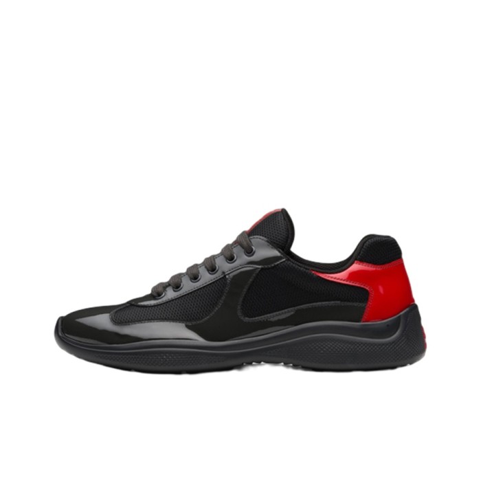 Prada America's Cup Patent leather round toe lace-up shock-absorbing low-top sports casual shoes for men black and red
