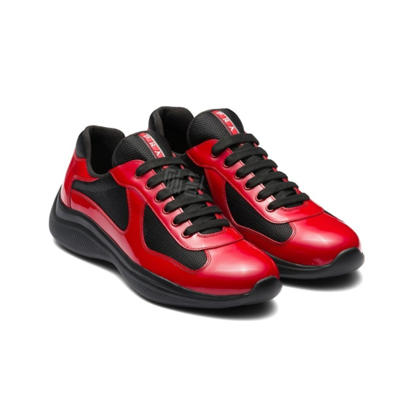 Prada America's Cup Patent leather lace-up round toe wear-resistant low-top sports casual shoes for men black and red