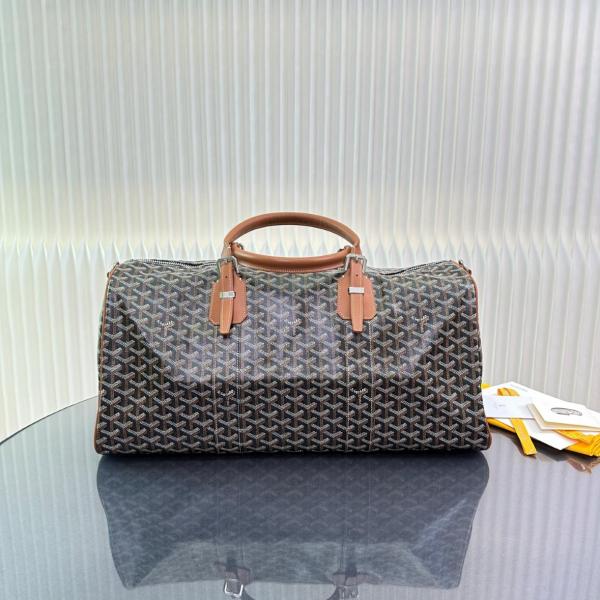 GOYARD Boston 50 monogram full print zipper closure canvas and calfskin dogtooth shoulder crossbody handbag travel bag unisex couple style black/brown BOSTON050TY-01CL03P size 30*25*50cm