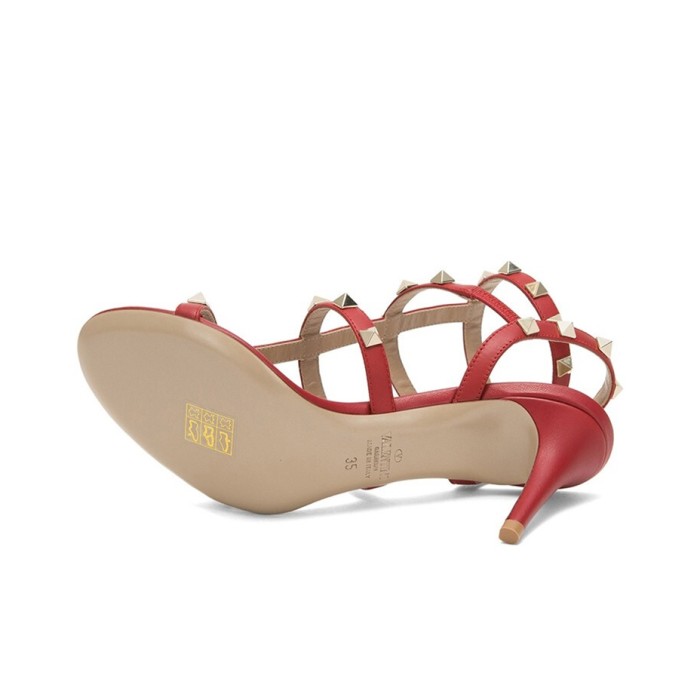 Valentino Rockstud leather rivet decoration high heel one-strap sandals for women red