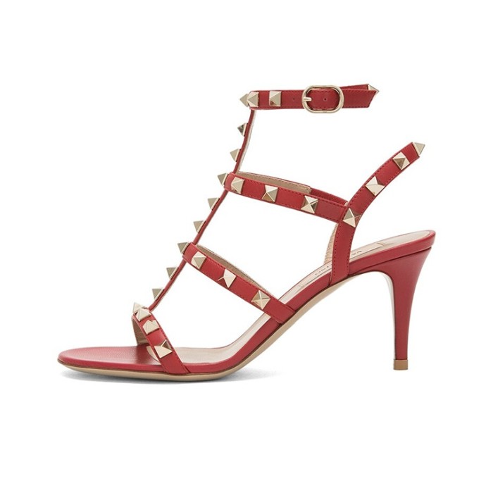 Valentino Rockstud leather rivet decoration high heel one-strap sandals for women red