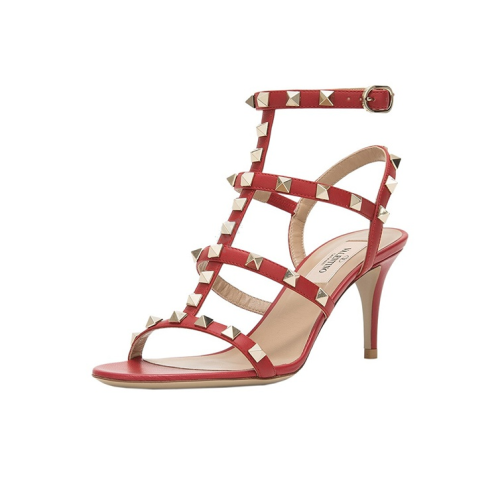 Valentino Rockstud leather rivet decoration high heel one-strap sandals for women red