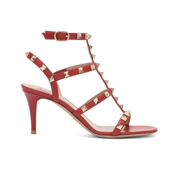 Valentino Rockstud leather rivet decoration high heel one-strap sandals for women red