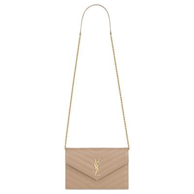 SAINT LAURENT Leather Chain Wallet, Crossbody Bag, Shoulder Bag Women's Dark Beige 393953-BOW01-2721 size 19*3.5*15 cm