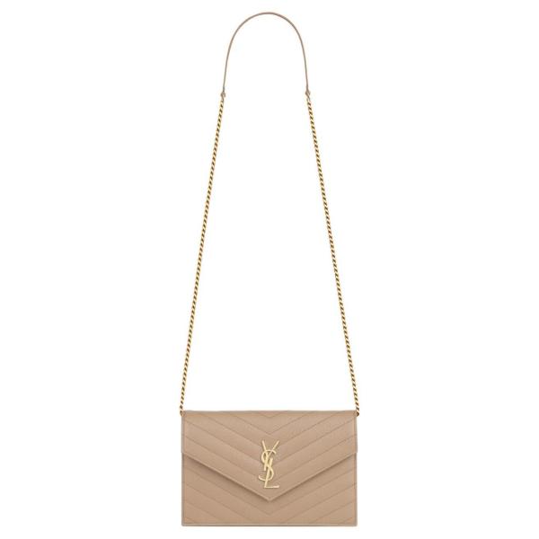 SAINT LAURENT Leather Chain Wallet, Crossbody Bag, Shoulder Bag Women's Dark Beige 393953-BOW01-2721 size 19*3.5*15 cm