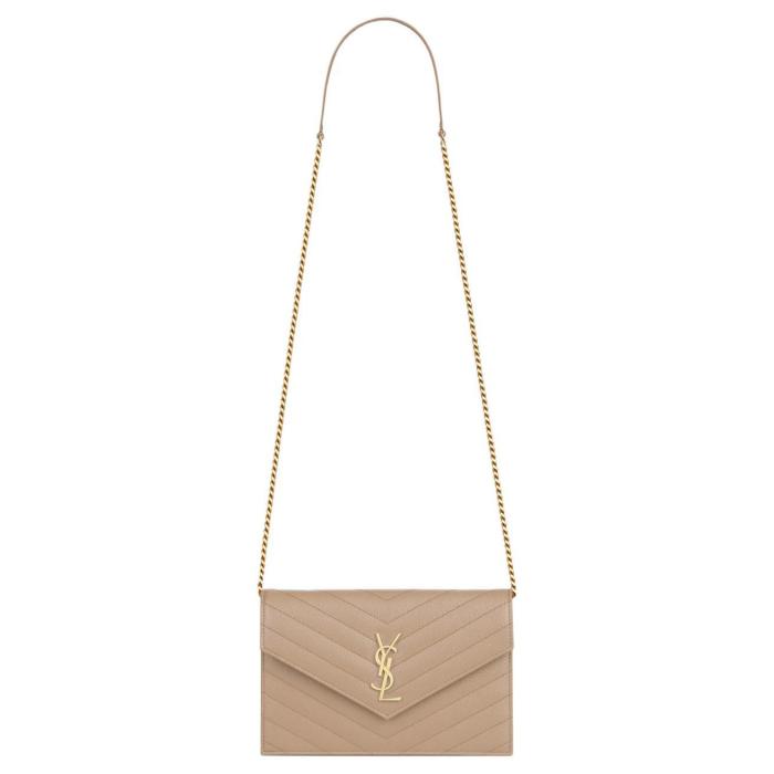 SAINT LAURENT Leather Chain Wallet, Crossbody Bag, Shoulder Bag Women's Dark Beige 393953-BOW01-2721 size 19*3.5*15 cm