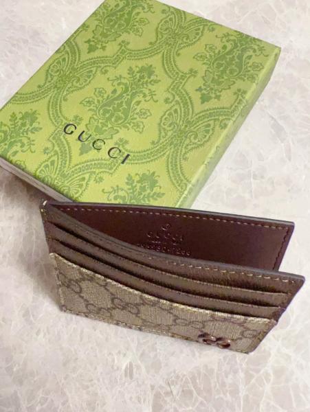 GUCCI Canvas With Leather Card Holder Men's Beige & Ebony 768248-FACQC-9773 size 11*7 cm