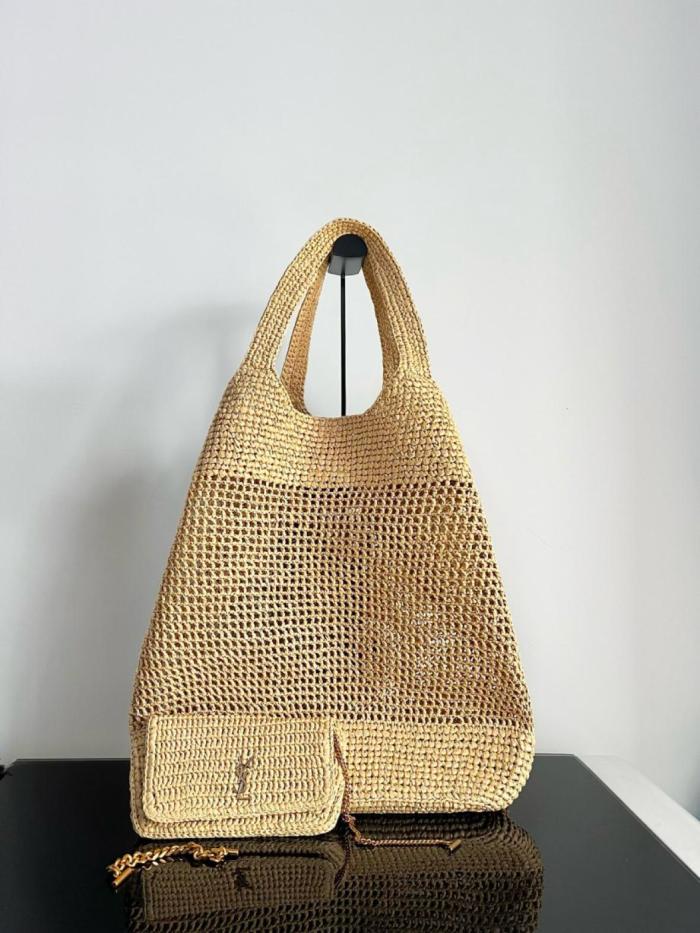 SAINT LAURENT Raffia Fiber & Calfskin & Brass Handbag Extra Large Women's Natural Gold & Palm Gold 772191-GAAEK-2063 size 37/55*5*43 cm