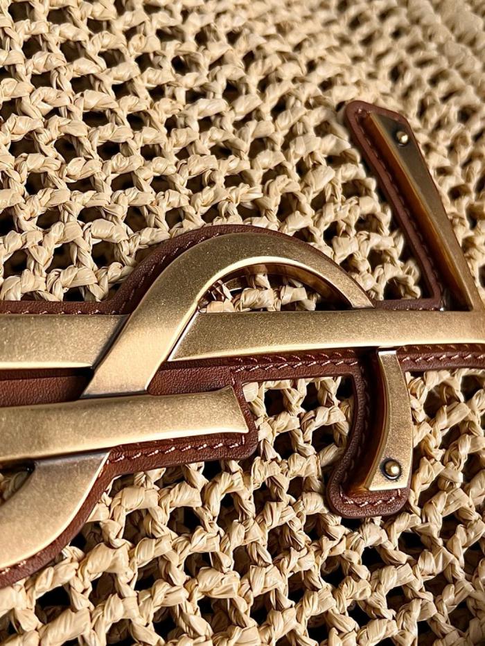 SAINT LAURENT Raffia Fiber & Calfskin & Brass Handbag Extra Large Women's Natural Gold & Palm Gold 772191-GAAEK-2063 size 37/55*5*43 cm