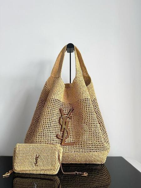 SAINT LAURENT Raffia Fiber & Calfskin & Brass Handbag Extra Large Women's Natural Gold & Palm Gold 772191-GAAEK-2063 size 37/55*5*43 cm