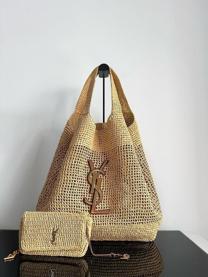 SAINT LAURENT Raffia Fiber & Calfskin & Brass Handbag Extra Large Women's Natural Gold & Palm Gold 772191-GAAEK-2063 size 37/55*5*43 cm