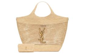 SAINT LAURENT Raffia Fiber & Calfskin & Brass Handbag Extra Large Women's Natural Gold & Palm Gold 772191-GAAEK-2063 size 37/55*5*43 cm