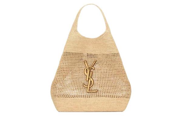 SAINT LAURENT Raffia Fiber & Calfskin & Brass Handbag Extra Large Women's Natural Gold & Palm Gold 772191-GAAEK-2063 size 37/55*5*43 cm