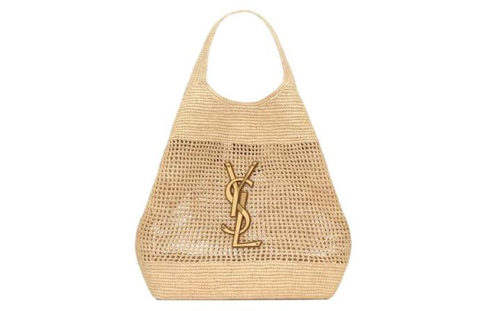 SAINT LAURENT Raffia Fiber & Calfskin & Brass Handbag Extra Large Women's Natural Gold & Palm Gold 772191-GAAEK-2063 size 37/55*5*43 cm