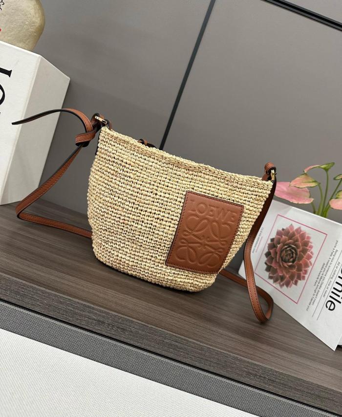 LOEWE Raffia Fiber Cow Leather Straw Bag, Shoulder Bag, Crossbody Bag Women's Natural & Tan 32824W10-2435 size 27*11*17 cm