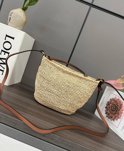 LOEWE Raffia Fiber Cow Leather Straw Bag, Shoulder Bag, Crossbody Bag Women's Natural & Tan 32824W10-2435 size 27*11*17 cm
