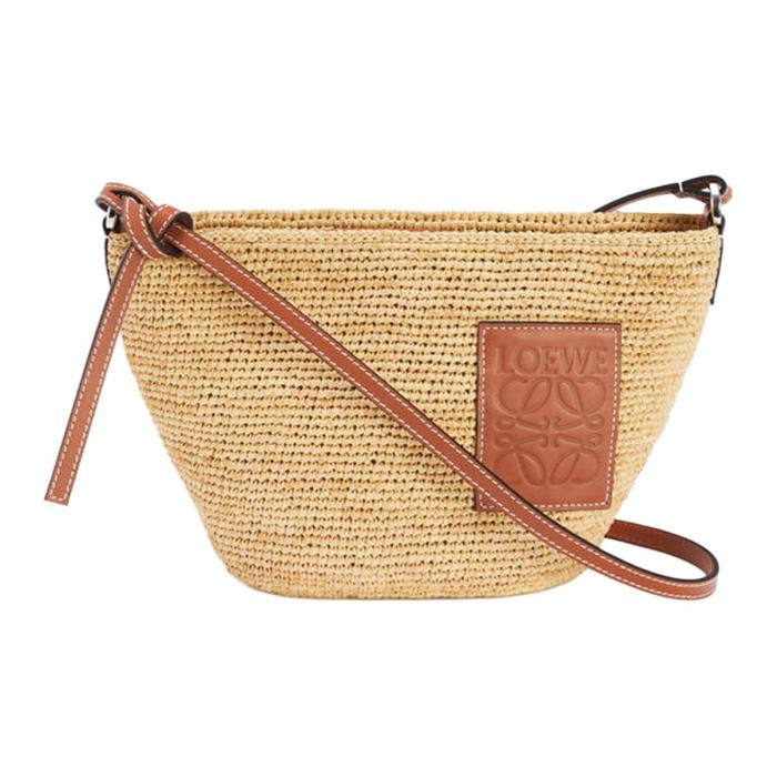LOEWE Raffia Fiber Cow Leather Straw Bag, Shoulder Bag, Crossbody Bag Women's Natural & Tan 32824W10-2435 size 27*11*17 cm