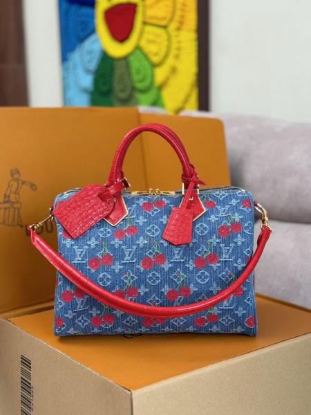 LOUIS VUITTON Takashi Murakami, Collaboration SPEEDY SOFT Denim Shoulder Bag, Crossbody Bag, Handbag Women's Blue & Red N87627 size 30*17*21 cm