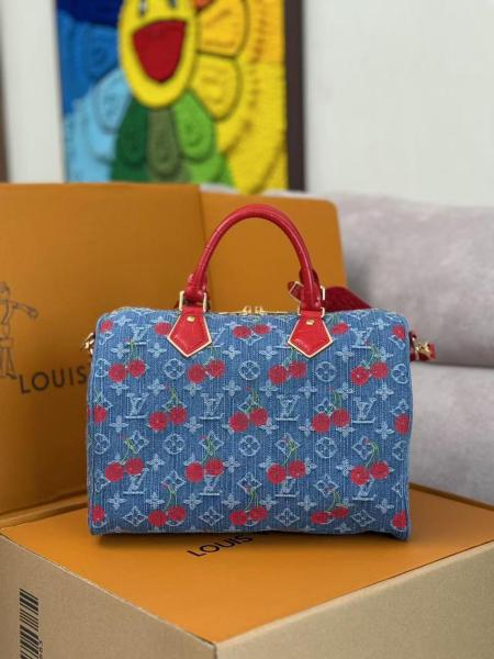 LOUIS VUITTON Takashi Murakami, Collaboration SPEEDY SOFT Denim Shoulder Bag, Crossbody Bag, Handbag Women's Blue & Red N87627 size 30*17*21 cm