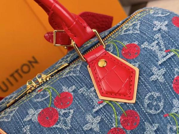 LOUIS VUITTON Takashi Murakami, Collaboration SPEEDY SOFT Denim Shoulder Bag, Crossbody Bag, Handbag Women's Blue & Red N87627 size 30*17*21 cm