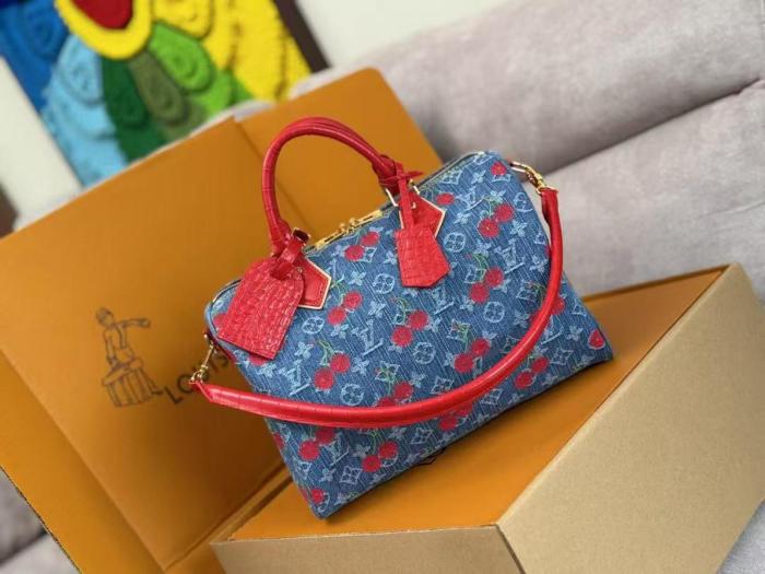 LOUIS VUITTON Takashi Murakami, Collaboration SPEEDY SOFT Denim Shoulder Bag, Crossbody Bag, Handbag Women's Blue & Red N87627 size 30*17*21 cm